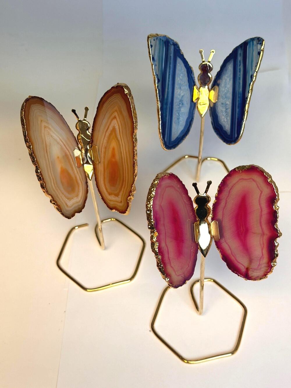 Agate Geode Slice Butterflies on Gold Plated Stand | Stone Rock Gift, Multicolor